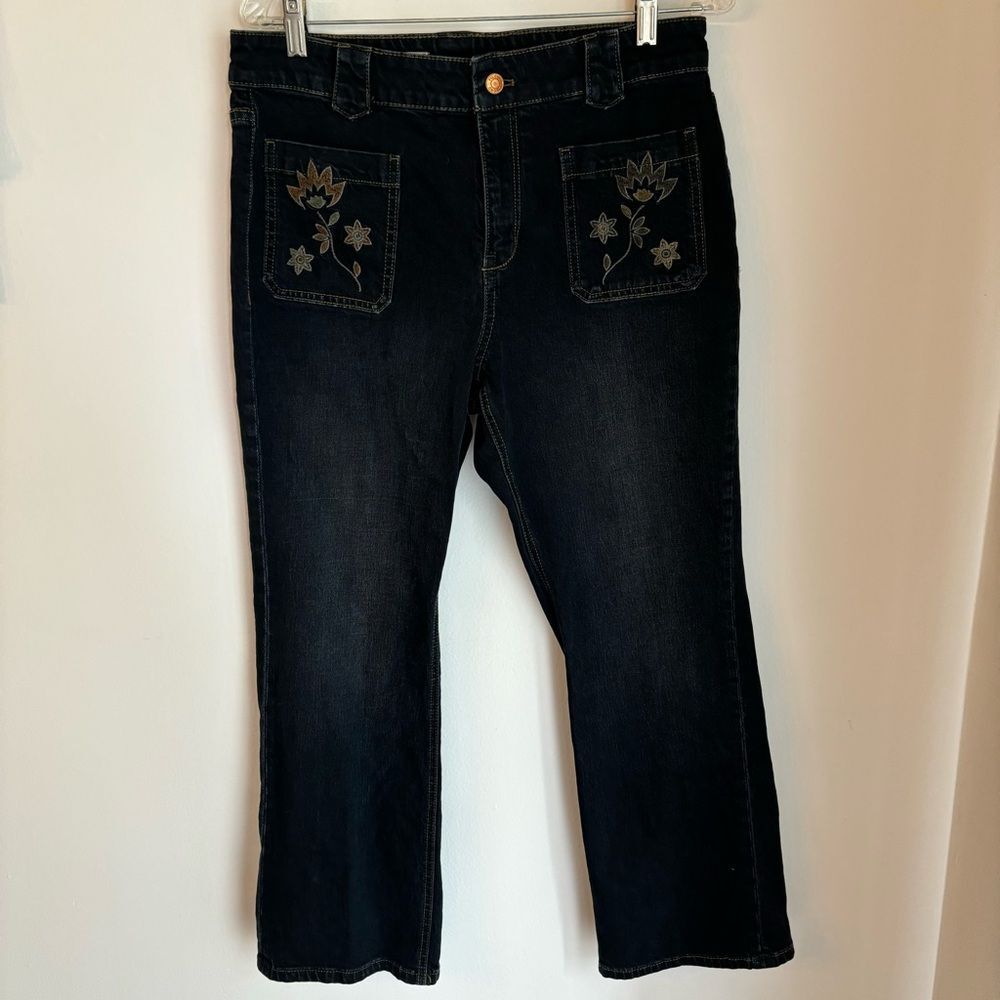 Pilcro Anthropologie Women boho cropped embroidered flower front pocket jeans 30
